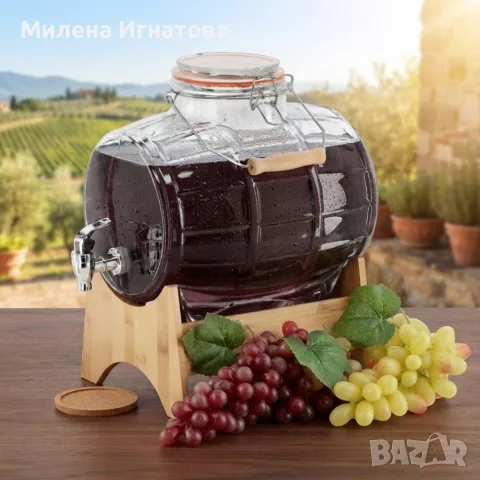 Стъклен диспенсър за напитки 8L, с кран и бамбукова поставка