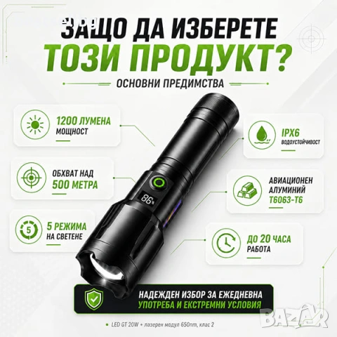 LED лазерен фенер мощен акумулаторен прожектор презареждаем и зарядно, снимка 4 - Къмпинг осветление - 47691652