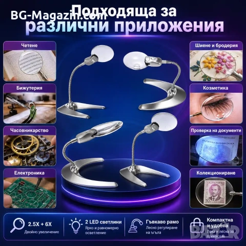 Увеличителна настолна лупа с LED осветление лед лампа регулируемо чупещо се рамо за четене гоблени, снимка 3 - Други инструменти - 50921155