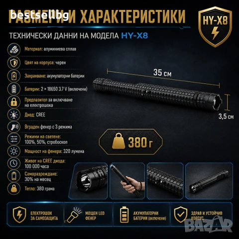 Силен ръчен лед фенер с електрошок палка бухалка за кучета самозащита, снимка 2 - Оборудване и аксесоари за оръжия - 29092273