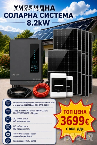 Хибридна Соларна Система 8.2kW, ANERN AN-SCI-EVO-8200 и 18бр. Фотоволтаични панели HYSolar