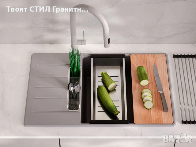Сив кухненска мивка от гранит Копенхаген 780x500 SmartSpace Top 60, снимка 3 - Мивки - 54463616