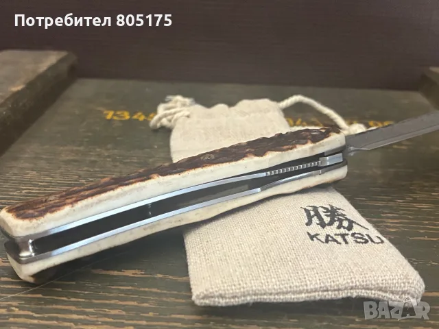 Японски джобен сгъваем нож Katsu. Еленов рог , дамаска стома, снимка 3 - Ножове - 55316436