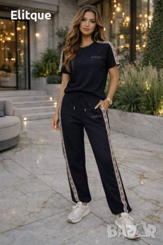 Дамски памучен екип GUESS (Тениска и панталон с връзки), снимка 2 - Спортни екипи - 54596034