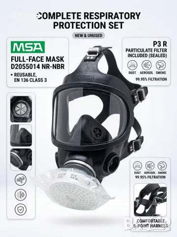 Нова цяла дихателна маска MSA 3S с P3 R филтър (EN 136 Клас 3)