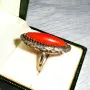 Старинен Art Deco сребърен пръстен с корал и марказити, снимка 12