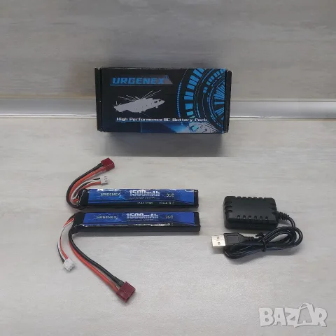Комплект 2х Li-Po Батерии URGENEX 7.4V 2S 1500mAh 35C + Двойно Балансиращо USB Зарядно (За RC Коли,