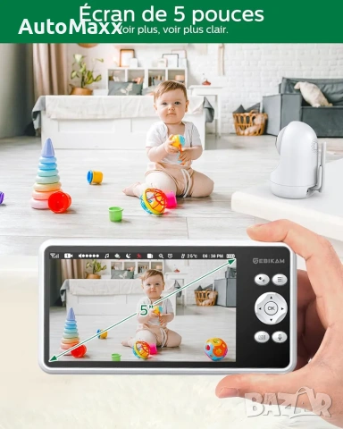 Бебешки монитор 5 инча 720P HD IPS екран видео монитор Sebikam, снимка 3 - Други - 54164032