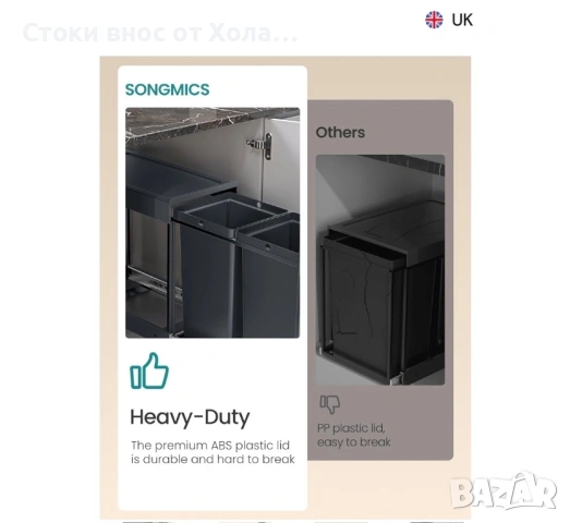 Кухненски кош за вграждане SONGMICS, 2x20L , Двойни отделения, Плавно издърпващ се дизайн, Стоманена, снимка 7 - Други стоки за дома - 54540734