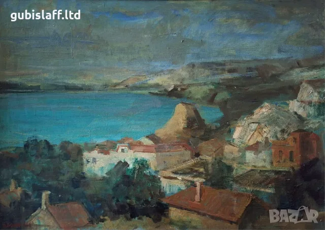 Картина, изглед от Балчик, худ. М. Бочев, 1966 г., снимка 2 - Картини - 55685200