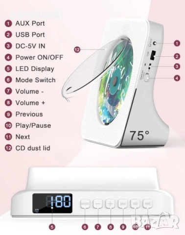 CD плейър Greadio KC-806, Bluetooth 5.0, мултифункционален CD плейър с високоговорители, FM радио, снимка 8 - MP3 и MP4 плеъри - 54977779