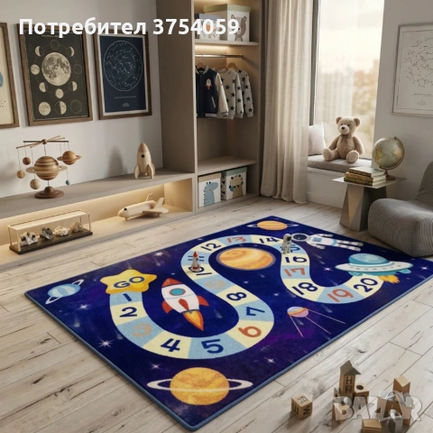 Детски килим за игра 120х160см - Тъмносин килим с космос и пътека от числа, противоплъзгащ и миещ се, снимка 5 - Килими - 55162666