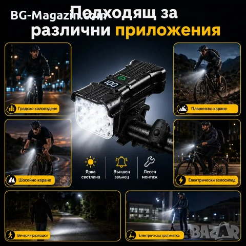Мощен LED фар за велосипед тротинетка 2 в 1 със силен звънец и дигитален дисплей, снимка 6 - Аксесоари за велосипеди - 55123818