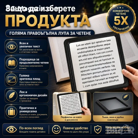 Голяма увеличителна правоъгълна лупа за четене на книги вестници 5X увеличение A4 деца професионална, снимка 5 - Други инструменти - 50920272