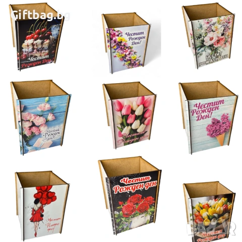 Дървена кутия тип кашпа с UV печат – различни дизайни