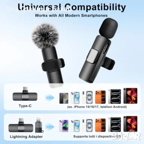 Нови 2 броя Lavalier микрофони AI шумопотискане iPhone Android Vlog USB-C Lightning YouTube TikTok, снимка 4 - Микрофони - 55582629