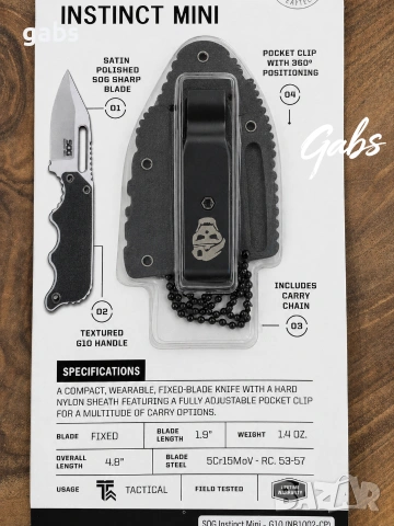 Малък тактически нож SOG Instinct Mini, неръждаема стомана 5CR15MOV, текстурирана G10 дръжка, снимка 11 - Ножове - 54369443