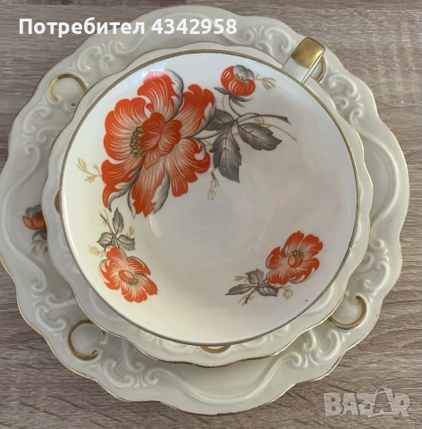 Антикварно трио Sorau Carstens Porzellan Astoria “Blume Orange” (Германия, 1925–1939г.), снимка 2 - Антикварни и старинни предмети - 55244119