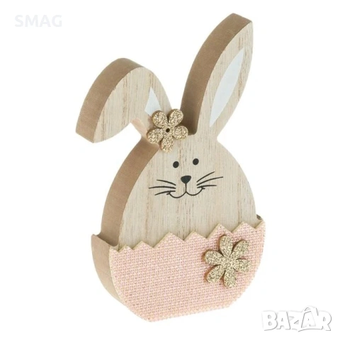 Великденска дървена декоративна фигурка - зайче в яйце розови маргаритки 9x2.4x11.5 см_1233691, снимка 2 - Декорация за дома - 54226366