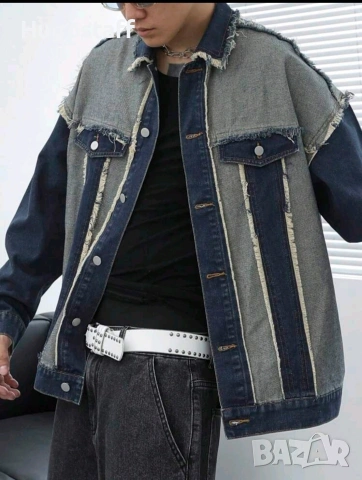Ново мъжко карго дънково яке риза Street Style накъсан вид обърнат ефект овърсайз деним памук ХХЛ