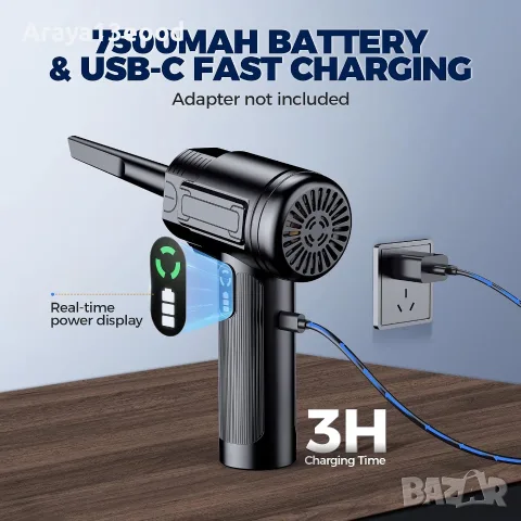 RADCLO Компресор за въздух и преносим вентилатор 100 000 RPM – акумулаторен, 3 скорости, LED, снимка 6 - Друга електроника - 55636256