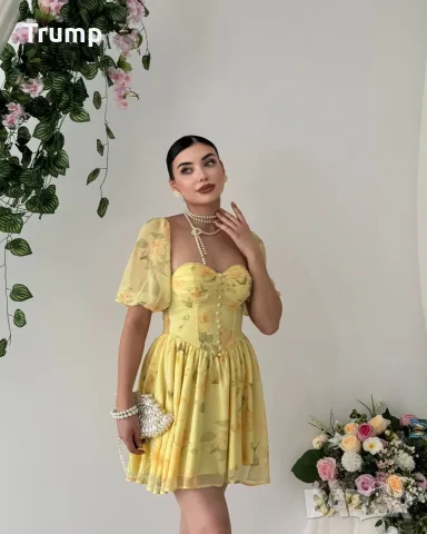 - 40 % Кукленска шифонена рокля на цветя , цвят жълт, снимка 6 - Рокли - 55581064