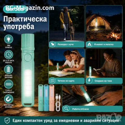 Акумулаторен LED джобен мини фенер Aerbes с COB лампа и USB Type-C, снимка 3 - Къмпинг осветление - 55123736