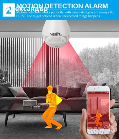 IP камера 360 градуса със сензор нощно виждане/аларма за откриване на движение/охранителна камера, снимка 2 - IP камери - 54174742