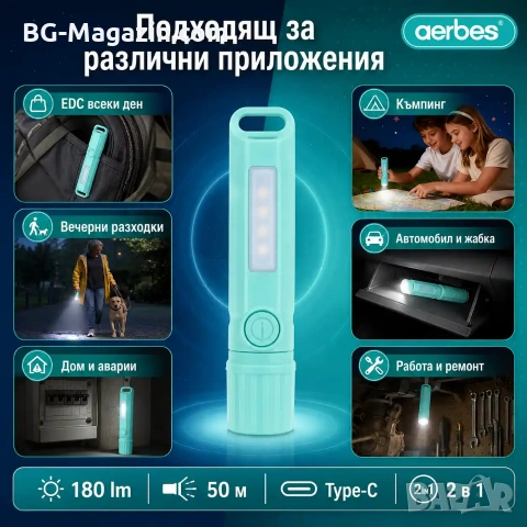 Акумулаторен LED джобен мини фенер Aerbes с COB лампа и USB Type-C, снимка 7 - Къмпинг осветление - 55123736