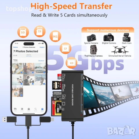 Нов проверен професионален 7 в 3 Карт Райдър USB C USB 3.0 Lightning за 5 карти едновременно, снимка 2 - Кабели и адаптери - 54542522