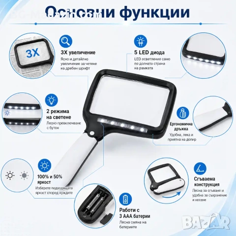 Увеличителна голяма правоъгълна лупа за четене на книги вестници с LED осветление лампа 3X дръжка, снимка 2 - Други инструменти - 50919795