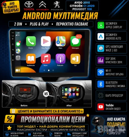 Мултимедия, за Toyota Aygo, Citroen C1, Peugeot 108, Андроид, навигация, Двоен 2DIN, плеър, Android