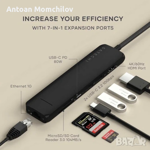 USB C хъб Satechi 7 in 1 Slim PLUS Ethernet, снимка 7 - Лаптоп аксесоари - 54827764