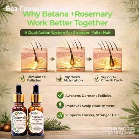 Ново Масло за растеж на коса Batana и розмарин 2 броя x20ml за скалп и корени по-силна коса, снимка 4 - Продукти за коса - 54416033