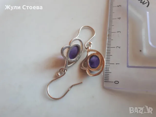 Сребърни обеци с естествени аметисти, снимка 2 - Обеци - 55645363