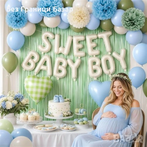 Нова Baby Shower Декорация Синьо Зелено Балони Помпони Парти Комплект момче Украса парти, снимка 4 - Други - 54718095