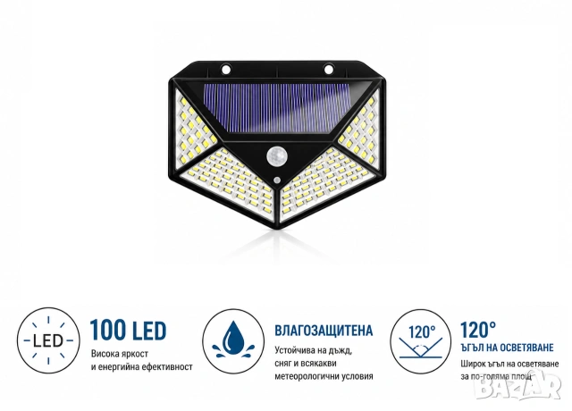 Соларна лампа 100 led диода със соларен панел