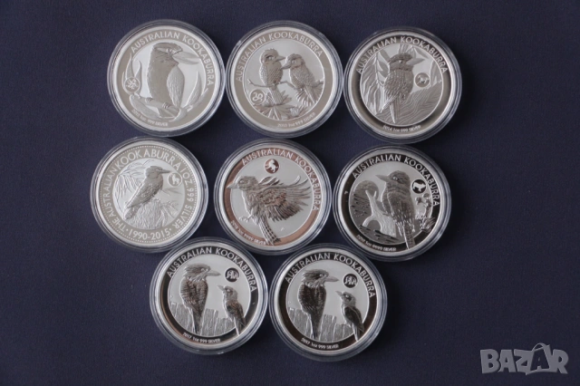 Лот 8 инвестиционни Кукабури с гриф, сребро, 1 oz 