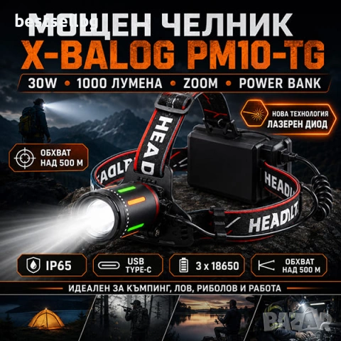 Мощен лазерен фенер LED челник за глава Power Bank лов риболов къмпинг