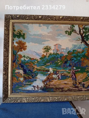 Стар гоблен в барокова дървена рамка, ръчна изработка., снимка 4 - Картини - 55429496