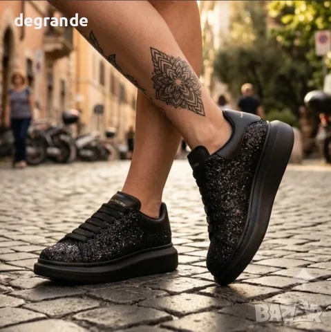👟 Дамски Сникърси 💫Alexander McQueen💫 - Цвят Черно с Камъчета