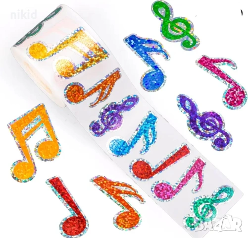 100 бр Ноти нота музика холограмни самозалепващи лепенки стикери ръчна изработка за подарък, снимка 3 - Други - 54185021