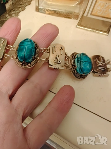 Антикварна сребърна гривна скарабей тюркоаз позлата, снимка 5 - Гривни - 54030386