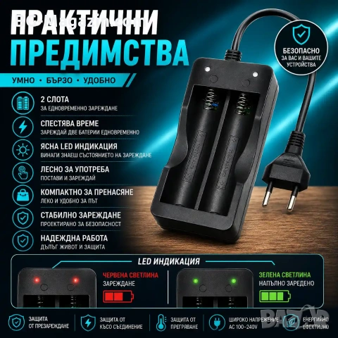 Евтино зарядно устройство за литиеви батерии Li-Ion 2 слота 2 батерии 18650 3.7V с кабел за контакт, снимка 4 - Друга електроника - 51041602