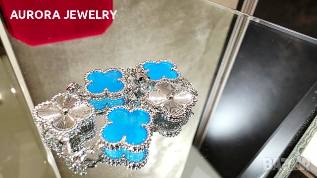 Van Cleef & Arpels VCA 5 Motifs Silver Blue Agate Clear Vintage Alhambra Дамска Гривна, снимка 4 - Гривни - 54736911