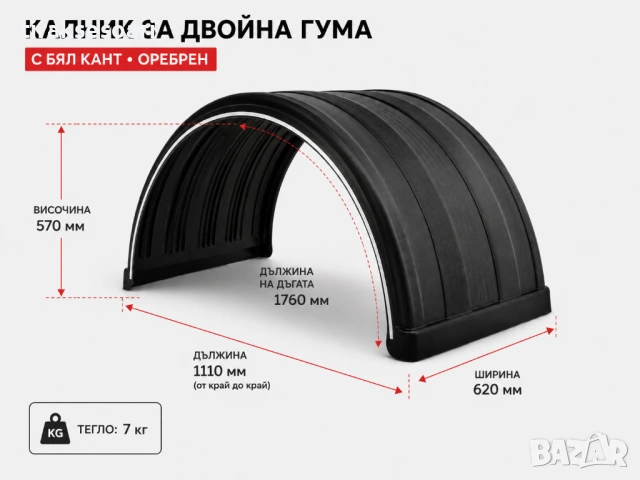 Калник за двойна гума с бял кант – оребрен 620 x 1760 Premium Quality Turkey, снимка 2 - Аксесоари и консумативи - 54556581