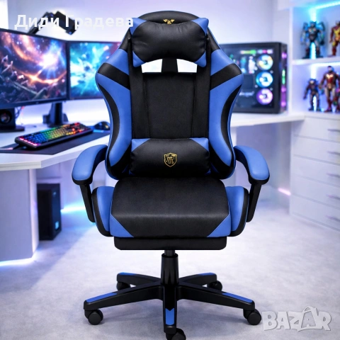 Ергономичен геймърски стол с масажна функция и поставка за крака – черно-син, снимка 3 - Столове - 53974632