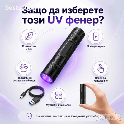 Акумулаторен UV фенер 395nm Type-C ув фенерче за петна от урина домашни любимци и хигиена, снимка 3 - Къмпинг осветление - 55154576