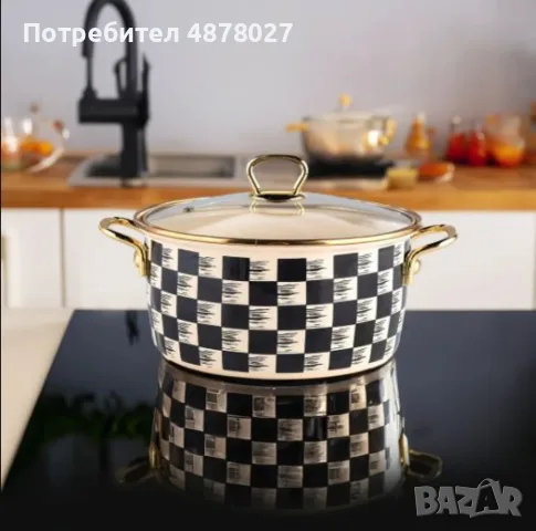 Тенджера Goldmann 24x15см. 6.2л./  26x16см. 8.5л., 4л., 5л., Емайл. Индукция. Бял/Черен каре, снимка 6 - Съдове за готвене - 55525799