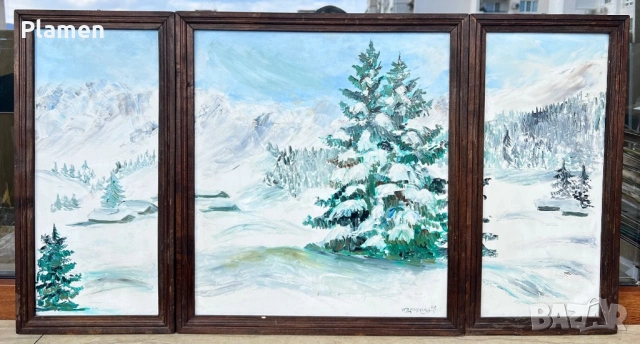 УНИКАТ ТРИПТИХ КАРТИНА АКСИНИЯ ДЖУРОВА 1992 Г. ЗИМЕН ПЕЙЗАЖ МАСЛО